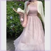 温柔风粉紫色吊带连衣裙女套装夏季防晒长袖开衫压褶收腰显瘦长裙