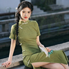 绿色棉麻旗袍2023年文艺少女年轻气质改良小个子秋季连衣裙