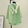豆沙绿披肩两件套中长款衬衫，女春季糖果，色文艺衬衣上衣潮