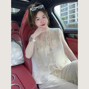 新中式国风女装禅意唐装上衣2023米白色背心马甲两件套装夏装