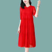 2023年夏季红色真丝连衣裙宽松七分袖蛋糕裙气质圆领复古裙子