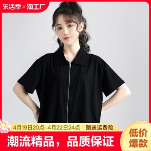 2024夏季polo衬衫女开叉，设计感短袖衬衣黑色，短款上衣娃娃领