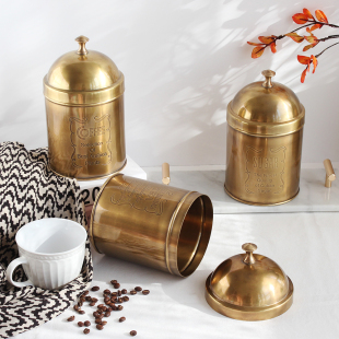 欧美式复古高档印度进口纯黄铜储物筒收纳盒，茶叶罐咖啡糖罐饼干盒