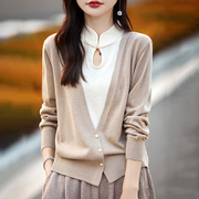 复古中国风假两件羊绒开衫，女旗袍领盘扣套头，毛衣宽松羊毛针织外套