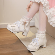 原创~洛丽塔甜美蝴蝶结短靴子时尚粗跟系带马丁靴厚底珍珠女靴子