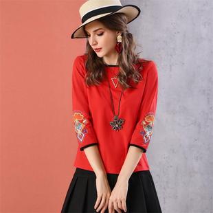 七分袖t恤欧美薄款摩登中国红绣花棉女士秋季设计感修身上衣