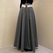 韩国chic春季法式高级感高腰，撞色翻边设计大摆型西装半身裙长裙女