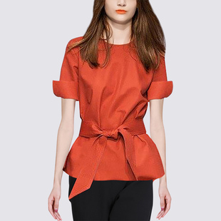 名媛欧美范气质橘红色短袖衬衫2022年夏季时髦百搭女士上衣潮