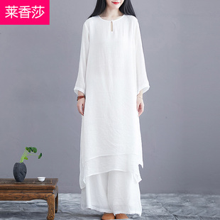 中国风禅意女装棉麻，茶服禅修居士服禅舞服复古风汉服连衣裙两件套