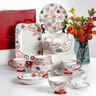 omk红色餐具套装，结婚创意陶瓷碗盘，组合汤碗家用2024釉下
