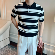 夏季休闲针织polo衫男英伦复古修身黑白条纹翻领，薄款透气短袖t恤