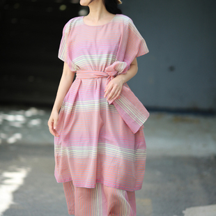 游设计原创新中式蚕丝棉色织条纹宽大假两件连衣裙 丝色
