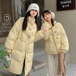 2023冬季韩系穿搭中长款牛角扣黄色羽绒棉服女加厚保暖棉衣外套潮