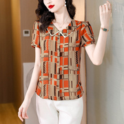 韩国桔色短袖t恤女夏2024显瘦气质时尚，修身优雅冰丝减龄上衣