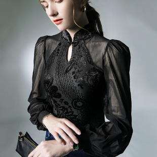 中国风蕾丝打底衫女内搭秋季黑色设计感灯笼袖网纱高级感上衣