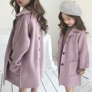 韩国女童秋冬装儿童中长款双面呢洋气，大衣女孩中大童宽松毛呢外套