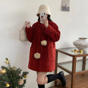 红色大衣女秋冬季高级感2023小个子短款毛呢外套圣诞穿搭