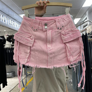 欧货2024年春季粉红色高腰弹力，减龄辣妹工装牛仔，包臀半身短裙