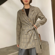 格纹西装外套女2023年春秋韩版气质高腰系带中长款西服外套