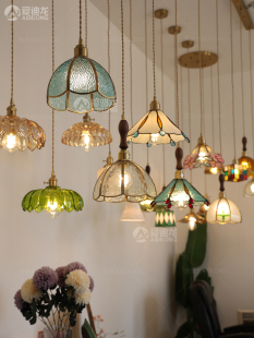 复古法式黄铜纯手工焊锡，灯美式风格，床头餐厅过道彩色玻璃小吊灯