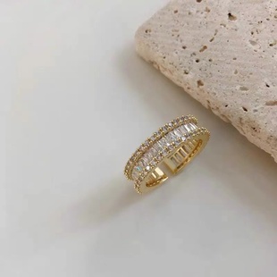欧美高级感满钻超闪锆石精致设计感轻奢百搭开口时尚镀金水钻戒指