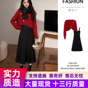 小香赫本风红色连衣裙，子女春秋季2024高级感新年战袍两件套装