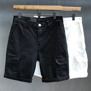 夏季薄款潮牌大方袋黑白色牛仔，短裤男宽松直筒，潮流休闲工装短裤子