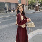红色拼接连衣裙女春秋法式高级感气质收腰显瘦长袖卫衣裙