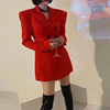 aksaya高级感时尚洋气收腰修身双排，扣大红色小西装外套女秋季