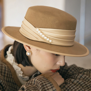 平檐羊毛毛呢礼帽女秋冬英伦，复古毡帽女士时尚，优雅冬季帽子潮