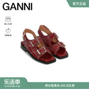 GANNI女鞋 樱桃红皮革撞色缝线设计方跟露趾西部凉鞋 S1996396