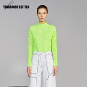 VENSSTNOR维斯提诺 20潮抽象荧光绿立领修身女长袖打底衫T恤