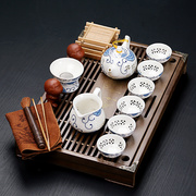 陶L瓷玲珑冰裂功夫茶具实木排水茶盘小号茶台办公家用套装