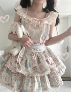 法式奶乖可爱裙子洛丽塔Lolita公主裙印花小熊软妹背带蓬蓬裙套装