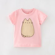 粉红色3女童纯棉短袖套头夏装体恤中小童卡通印花猫咪上衣夏季T恤
