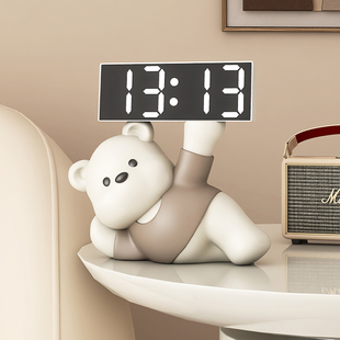 奶油风熊时钟摆件闹钟，客厅卧室装饰品，桌面摆放钟表台式创意电子钟