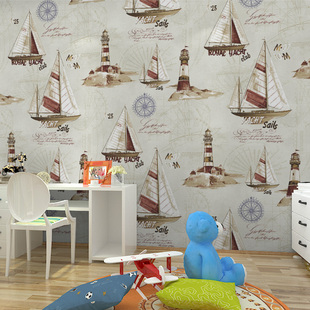 无缝墙布卡通儿童房卧室壁布，帆船竖条英伦无纺布墙纸壁纸个性定制