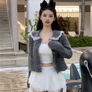 2024春季韩版甜美蕾丝拼接娃娃领针织开衫女马海毛短款毛衣外套潮