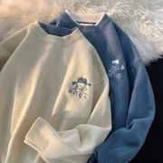 圆领毛衣男秋冬季潮牌假两件套头针织衫，韩版宽松卡通刺绣情侣线衣