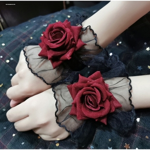 lolita洛丽塔蕾丝手腕套手袖女酒红色玫瑰花礼服袖套