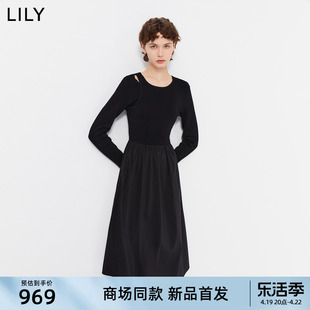 甄选LILY2024春女装含桑蚕丝设计感镂空连衣裙小黑裙