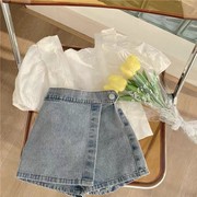 女童套装2024韩版儿童洋气，蕾丝衬衫牛仔短裤，女宝时髦两件套潮