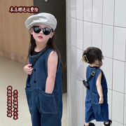 夏季男女童韩版时髦休闲连体，牛仔裤长裤子，中小童背心上衣两件套装