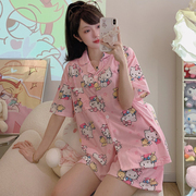 可爱hellokitty纯棉，夏季薄款粉色睡衣少女休闲开衫，家居服套装