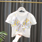 女童夏装纯棉短袖t恤宝宝，婴幼儿韩版洋气，碎花吊带短袖上衣打底衫