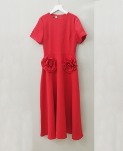 法式复古圆领手工立体玫瑰花朵红色礼服中长裙显瘦收腰连衣裙女