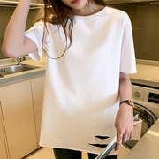 纯棉空白色短袖t恤简约女2023宽松显瘦遮肉设计感破洞中长款