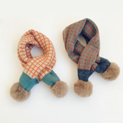 日本儿童防风毛线围脖冬季男女宝宝针织格子拼色毛球加厚保暖围巾