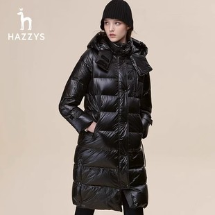 哈吉斯(哈吉斯)黑色连帽长款羽绒服女士冬季保暖英伦风宽松亮面外套