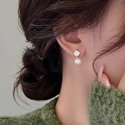 简约水钻珍珠耳钉女小众设计感高级纯银耳环2023年耳饰